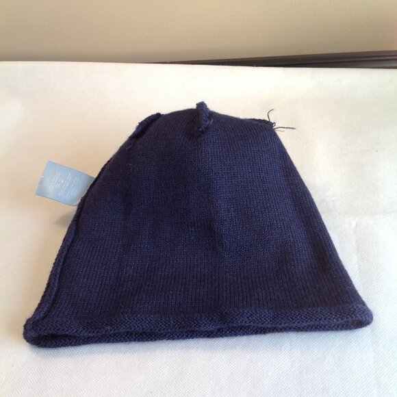 Lindo F Dark Blue Rhinestone Logo Merino Wool Real Fur Pom Pom Hat